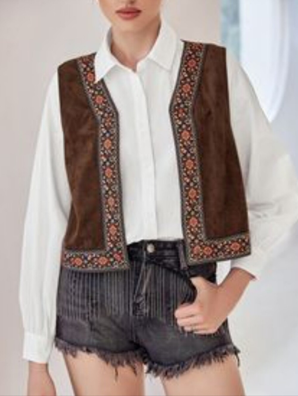 EARTHBOUND Brown Embroidered Faux Suede Vest Festival Boho Western Hippie XL